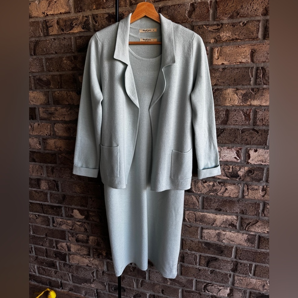 WoolOvers 100% Wool 2Pc Knit Set Dress & Cardigan Mint Blue Size M/L